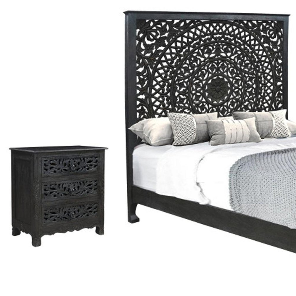 Three Piece Black Solid Wood Bedroom Set - 74.00" H x 81.50" W x 88.00" D on a white background