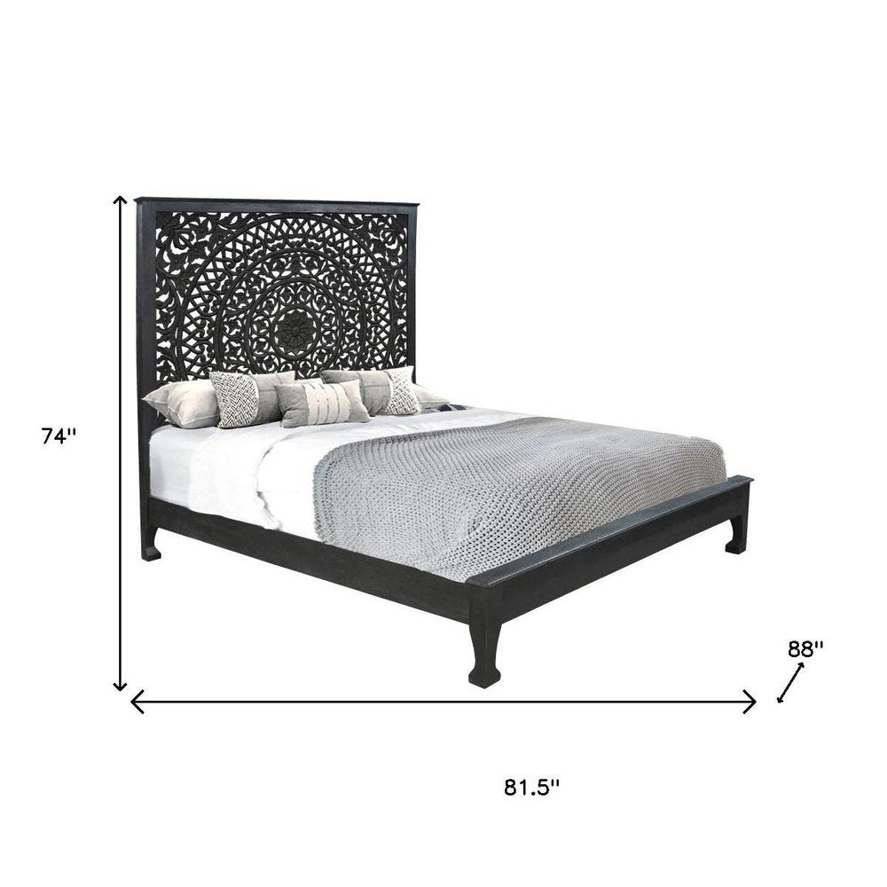 Three Piece Black Solid Wood Bedroom Set - 74.00" H x 81.50" W x 88.00" D on a white background