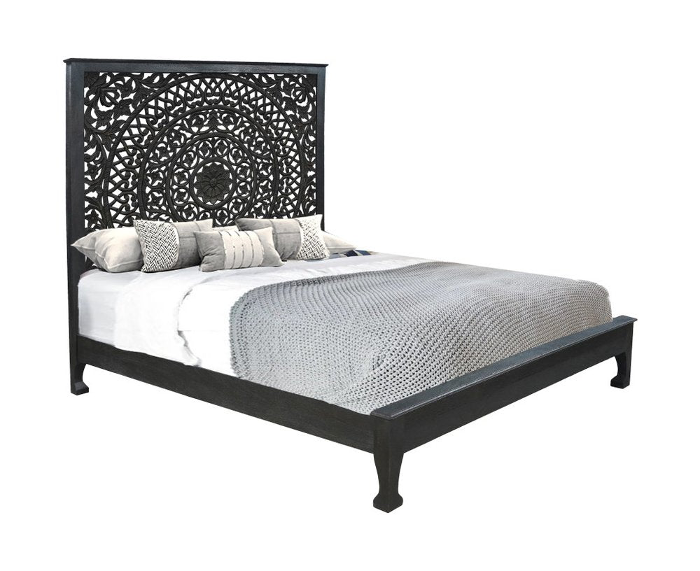 Three Piece Black Solid Wood Bedroom Set - 74.00" H x 81.50" W x 88.00" D on a white background