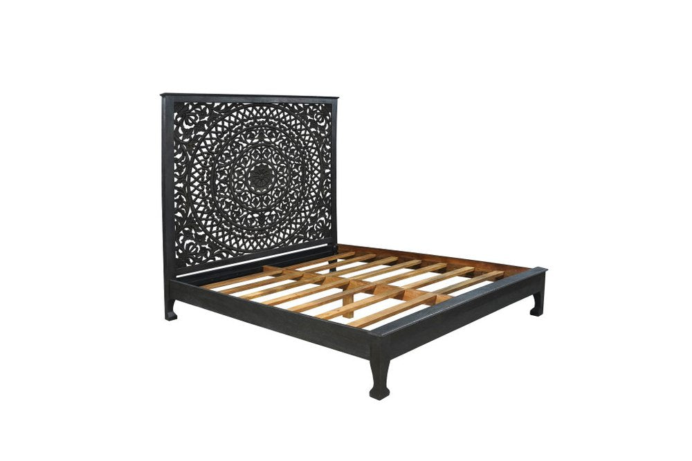 Three Piece Black Solid Wood Bedroom Set - 74.00" H x 81.50" W x 88.00" D on a white background