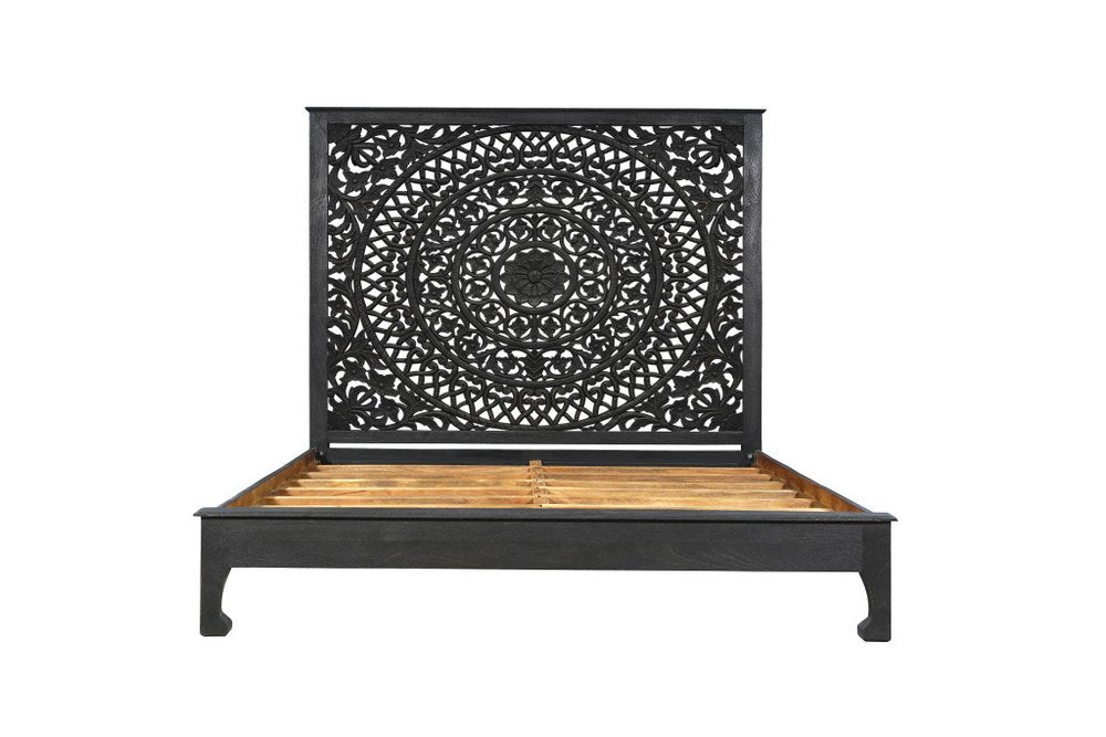 Three Piece Black Solid Wood Bedroom Set - 74.00" H x 81.50" W x 88.00" D on a white background