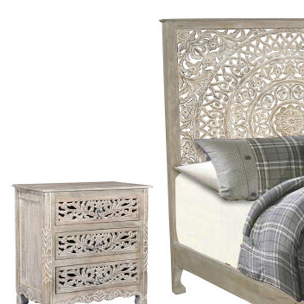Three Piece Gray Solid Wood Bedroom Set on a white background