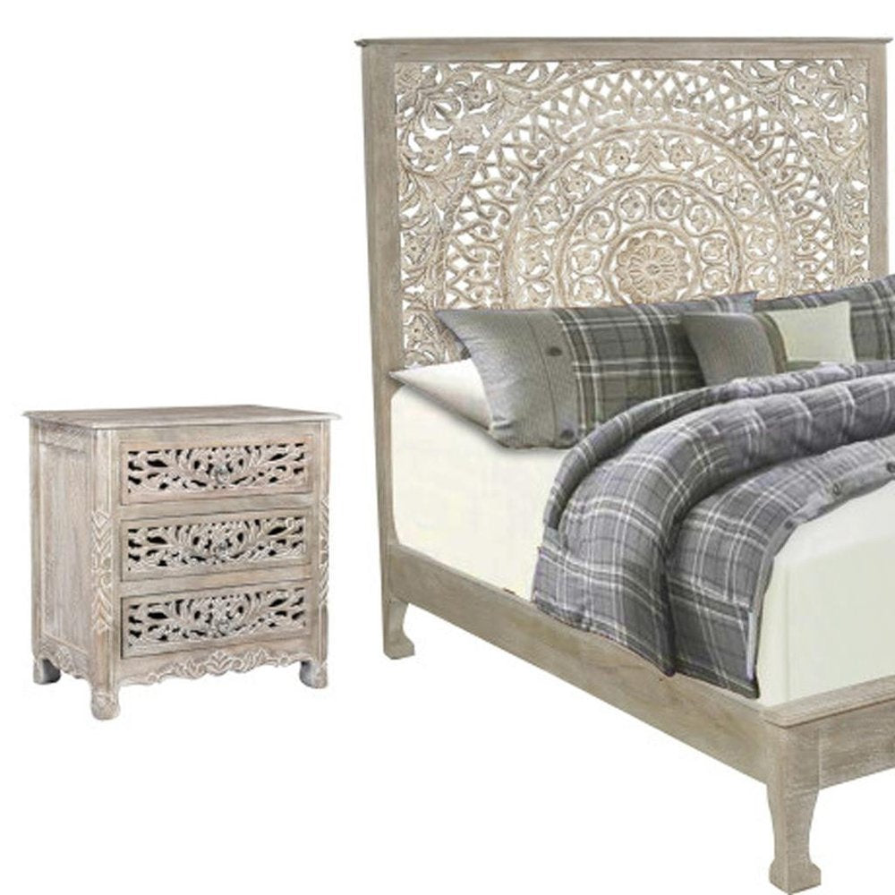 Three Piece Gray Solid Wood Bedroom Set on a white background