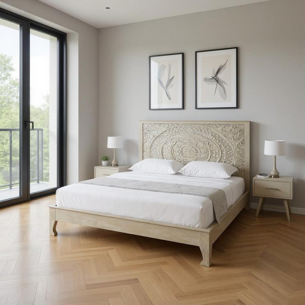 Three Piece Gray Solid Wood Bedroom Set in a home interior