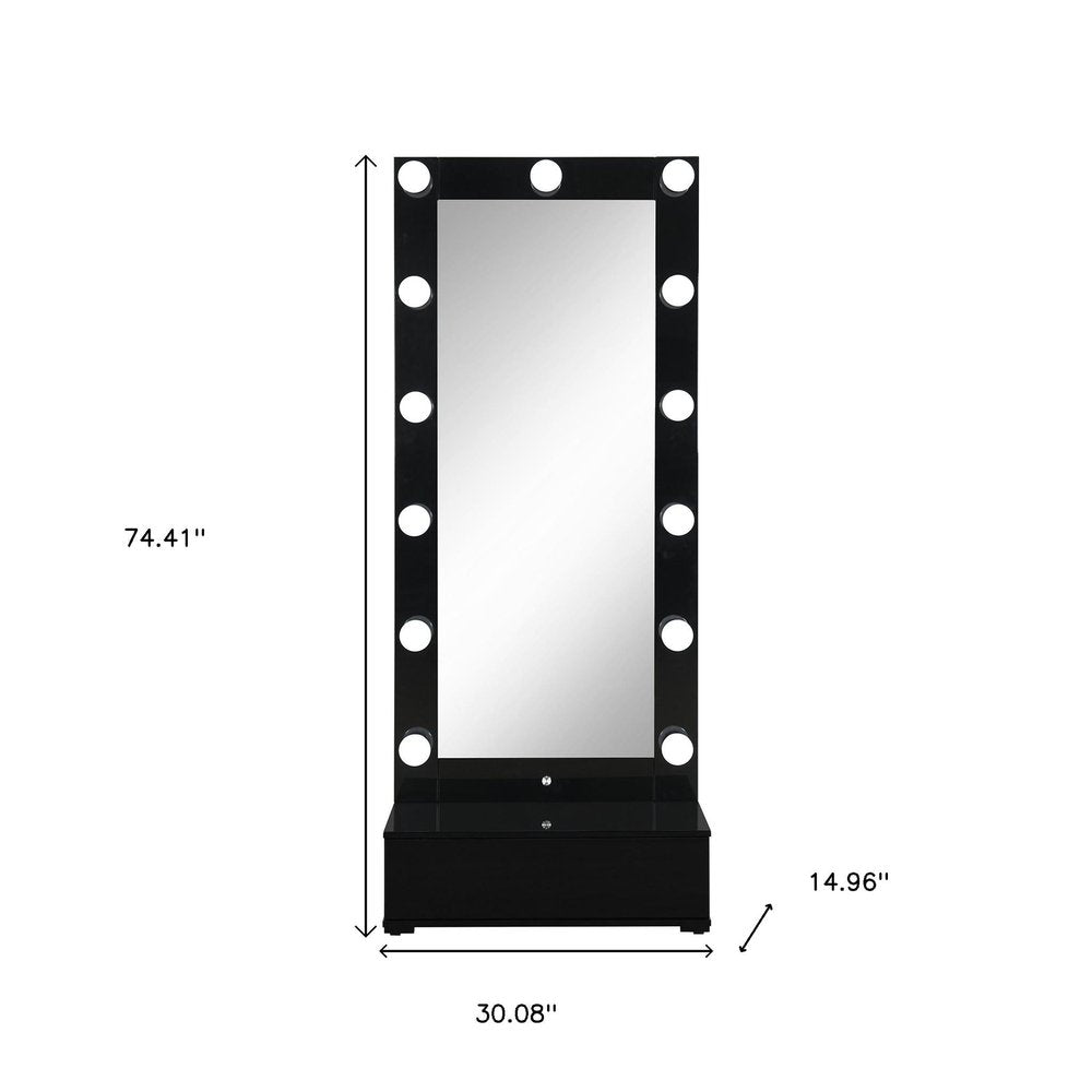 74" Black Wood Lighted Freestanding Framed Full Length Mirror on a white background