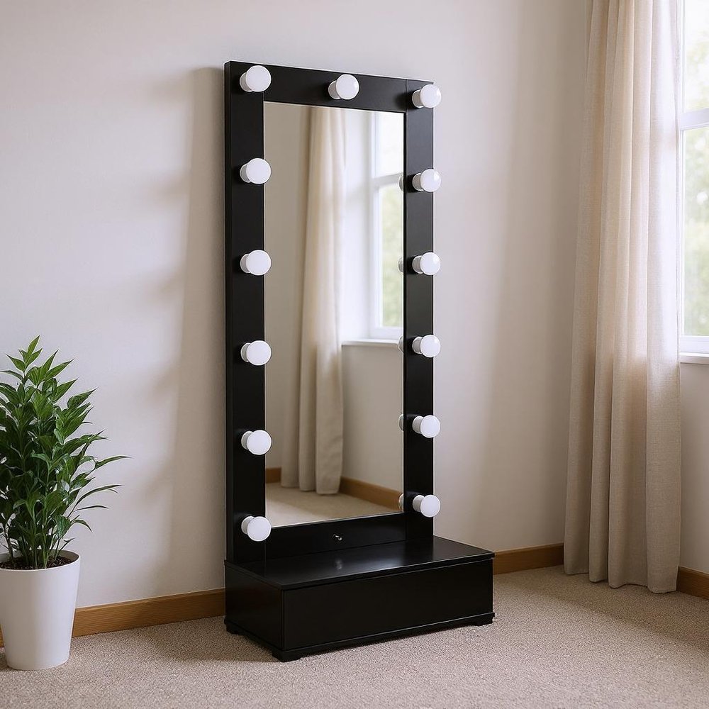 74" Black Wood Lighted Freestanding Framed Full Length Mirror in a home interior