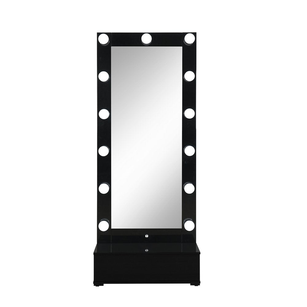 74" Black Wood Lighted Freestanding Framed Full Length Mirror on a white background