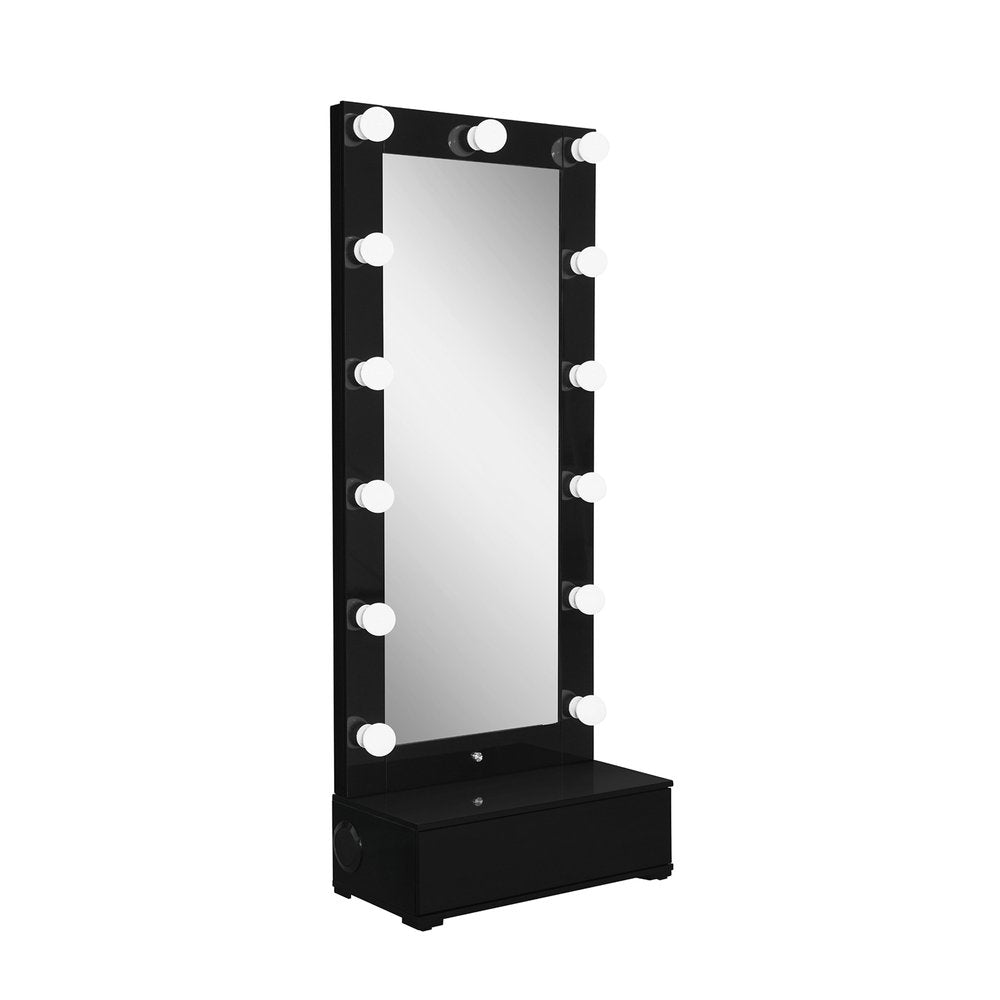 74" Black Wood Lighted Freestanding Framed Full Length Mirror on a white background