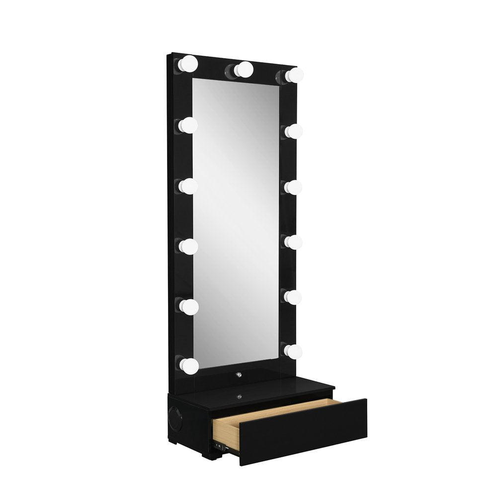 74" Black Wood Lighted Freestanding Framed Full Length Mirror on a white background