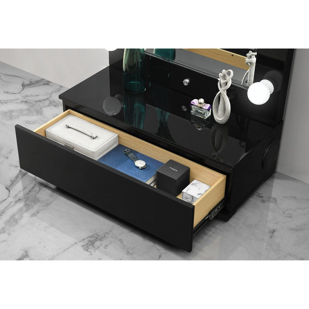 74" Black Wood Lighted Freestanding Framed Full Length Mirror on a white background