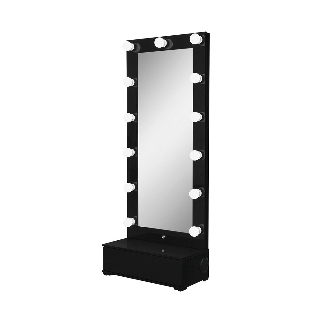 74" Black Wood Lighted Freestanding Framed Full Length Mirror on a white background