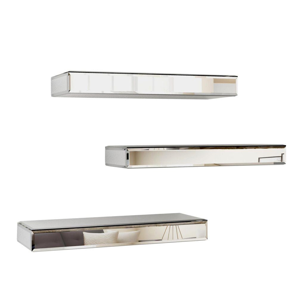 Set Of Three Silver Glass Wall Mounted Floating Shelf on a white background
