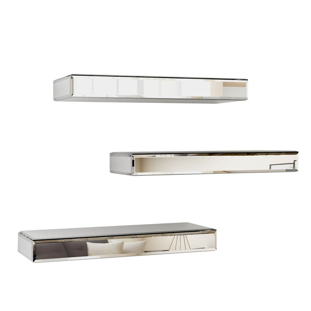 Set Of Three Silver Glass Wall Mounted Floating Shelf on a white background