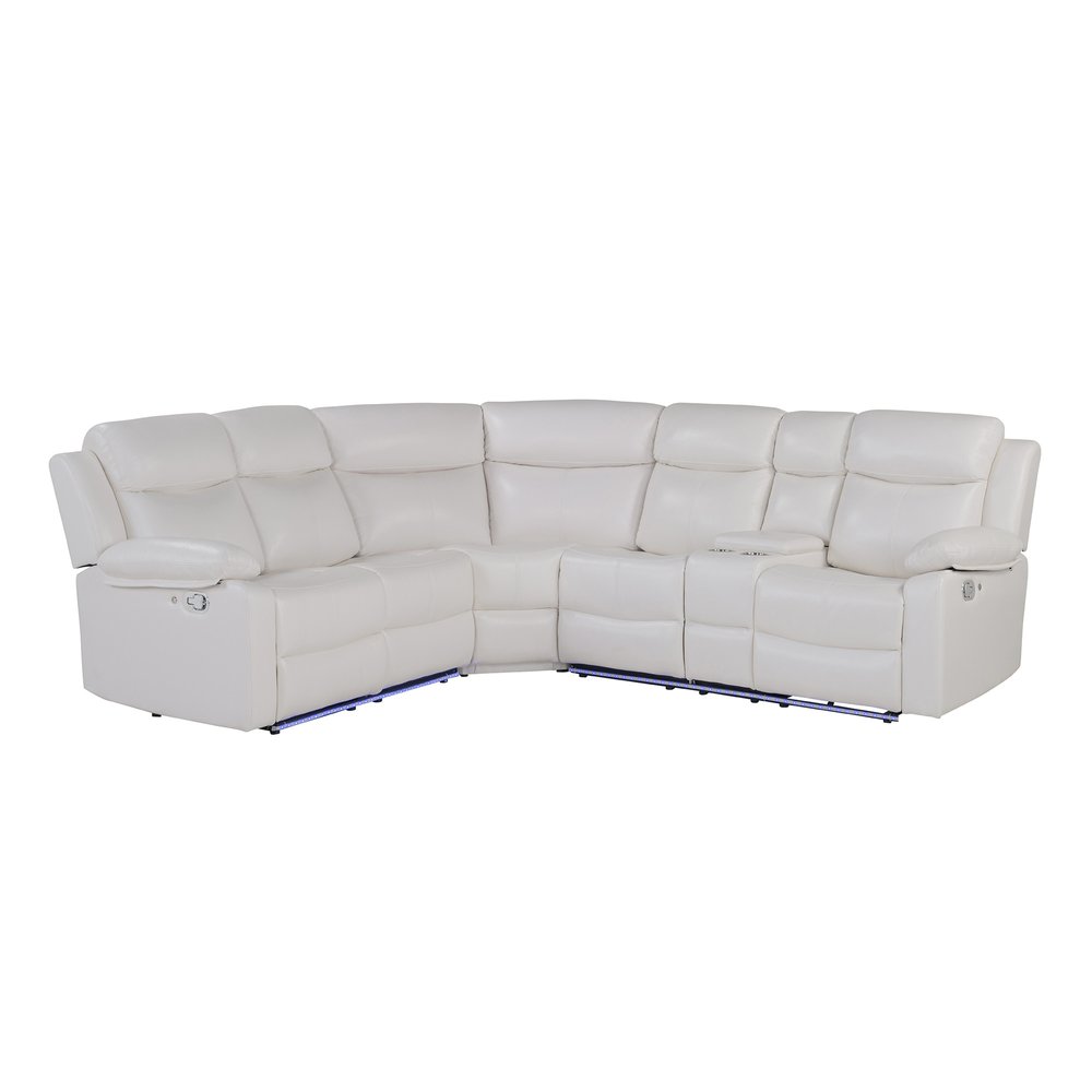 Off-white faux leather reclining six-piece sectional sofa with LED lighting and a console, shown against a white background.