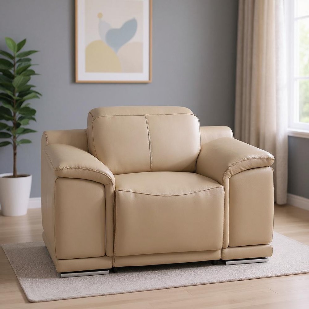 48" Beige Genuine Leather Power Wall Hugger Recliner With USB. Recliner in beige leather.