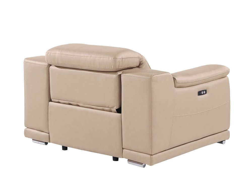 48" Beige Genuine Leather Power Wall Hugger Recliner With USB. Recliner isolated on a plain white background, showing a beige leather surface.