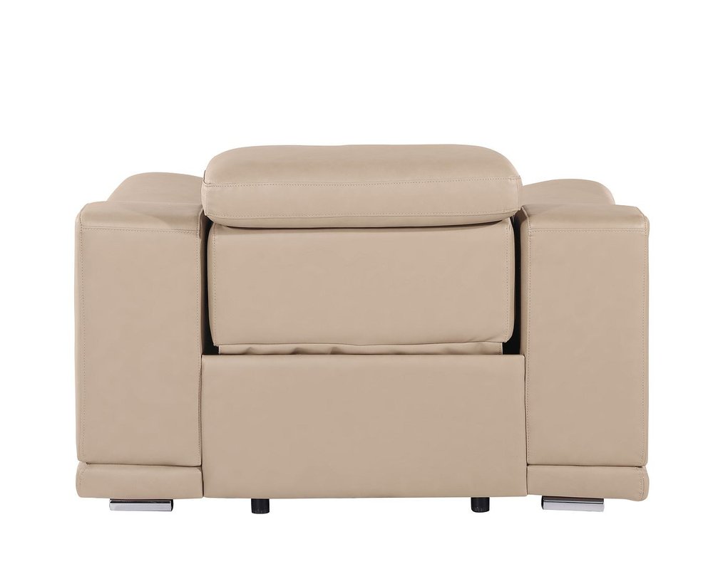 48" Beige Genuine Leather Power Wall Hugger Recliner With USB. Recliner isolated on a plain white background, in a beige leather finish.