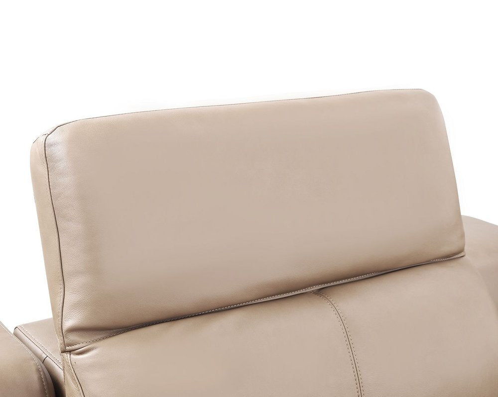 48" Beige Genuine Leather Power Wall Hugger Recliner With USB. Recliner isolated on a plain white background, finished in beige leather.