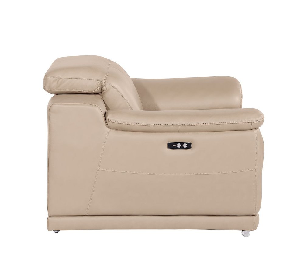 48" Beige Genuine Leather Power Wall Hugger Recliner With USB. Recliner isolated on a plain white background, in a beige leather finish.