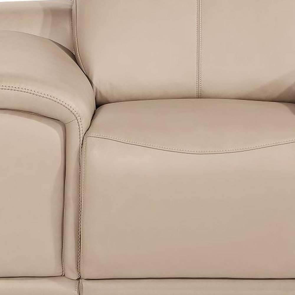 Detail view of 48" Beige Genuine Leather Power Wall Hugger Recliner With USB, filling the frame with the beige leather texture.