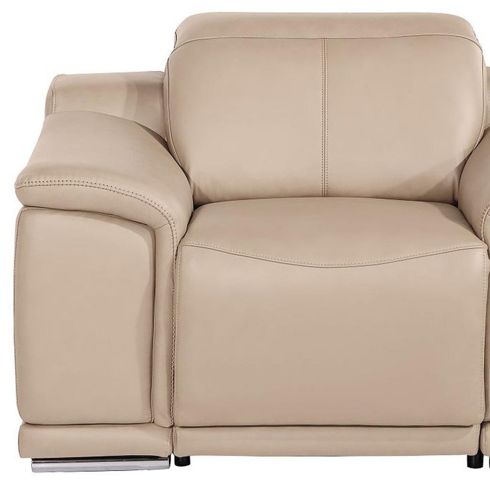 48" Beige Genuine Leather Power Wall Hugger Recliner With USB detail shot of the beige leather finish.