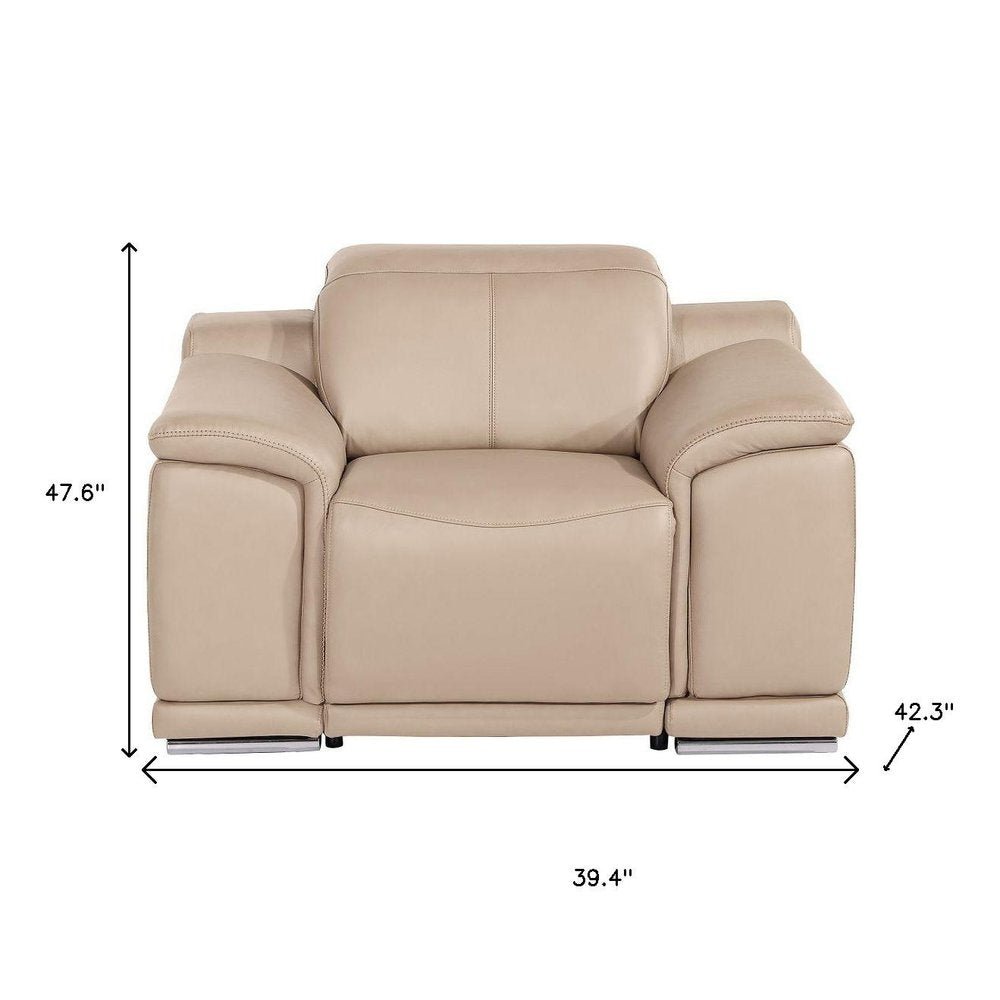 48" Beige Genuine Leather Power Wall Hugger Recliner With USB. Recliner isolated on a plain white background, finished in beige leather.