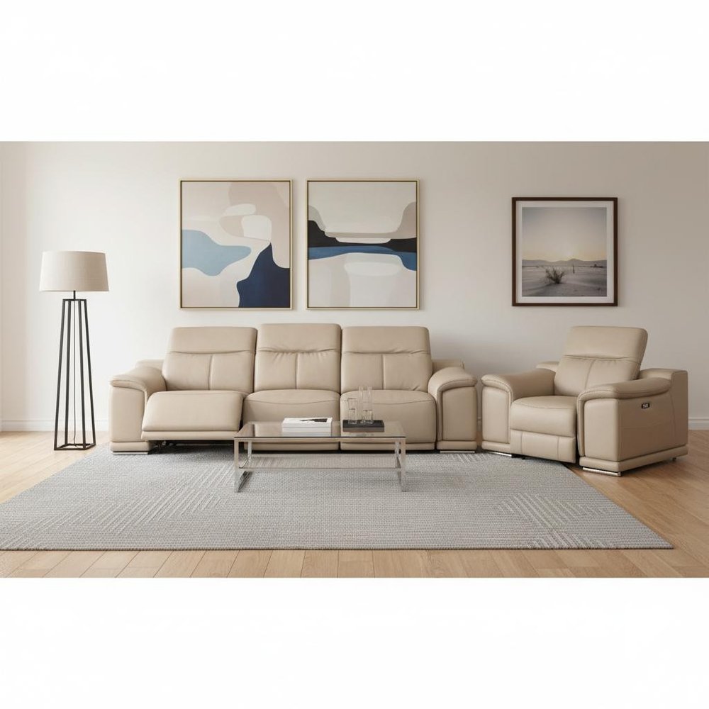Two Piece Beige Genuine Leather Four Person Seating Set