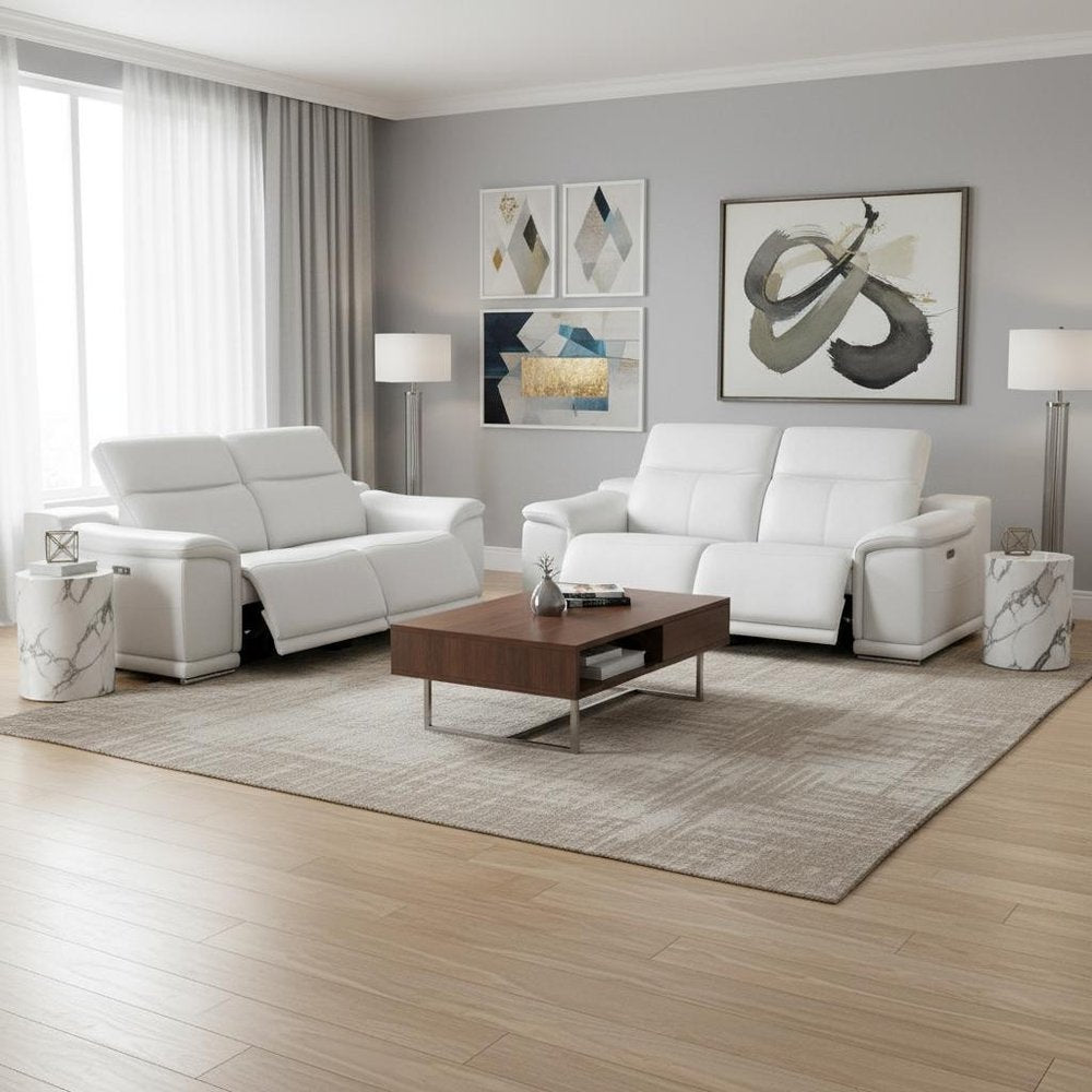 Three Piece White Genuine Leather Five Person Seating Set