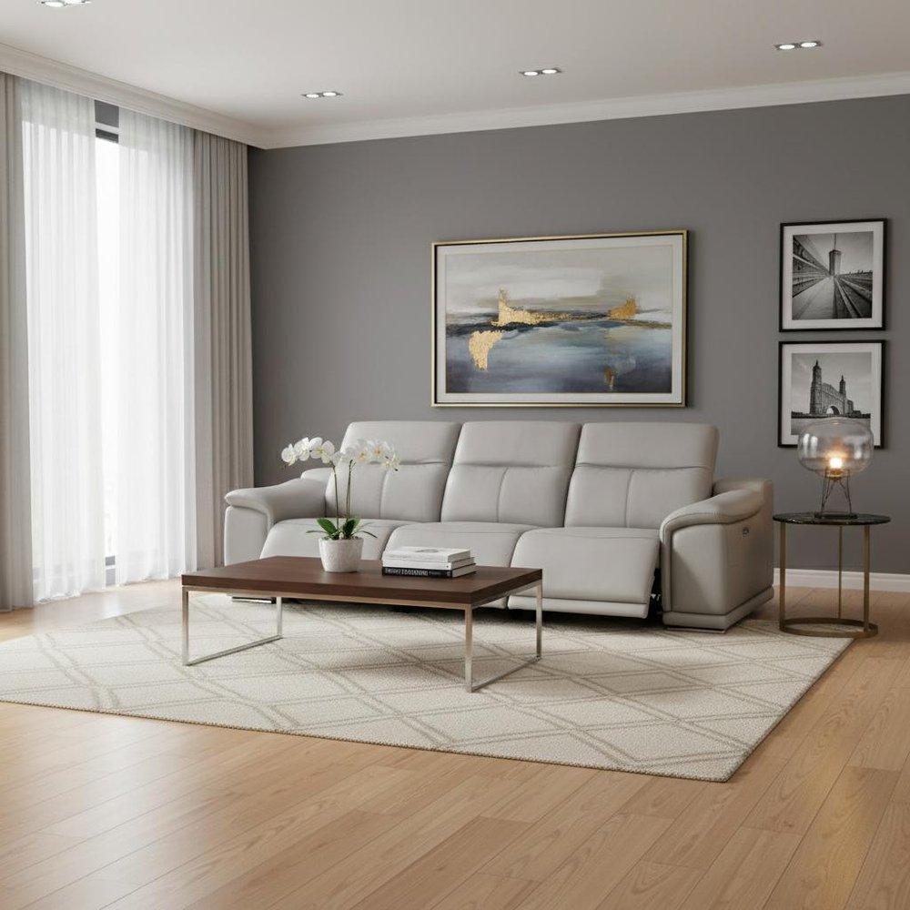 Two Piece Ash Gray Genuine Leather Five Person Seating Set