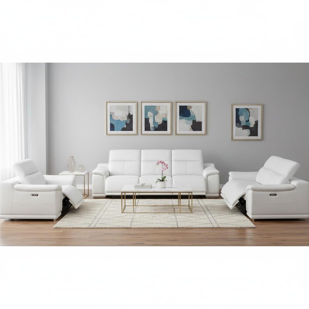 Two Piece White Genuine Leather Five Person Seating Set - 39.00" H x 108.00" W x 41.00" D on a white background