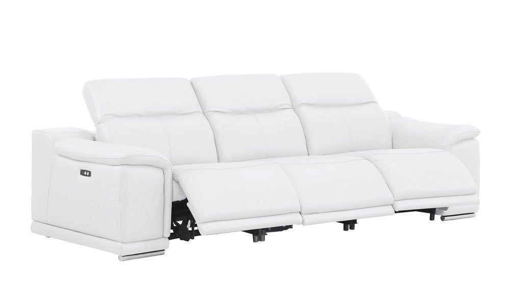 White genuine leather three-seat reclining sofa with extended footrests and control panel on the armrest, on a white background.