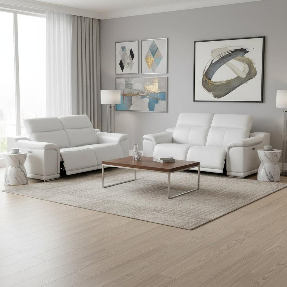 Three Piece White Genuine Leather Six Person Seating Set