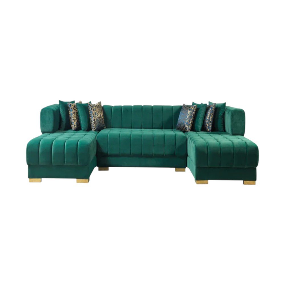 Green Velvet U Shaped Three Piece Sofa and Chaise Sectional With Toss Pillows