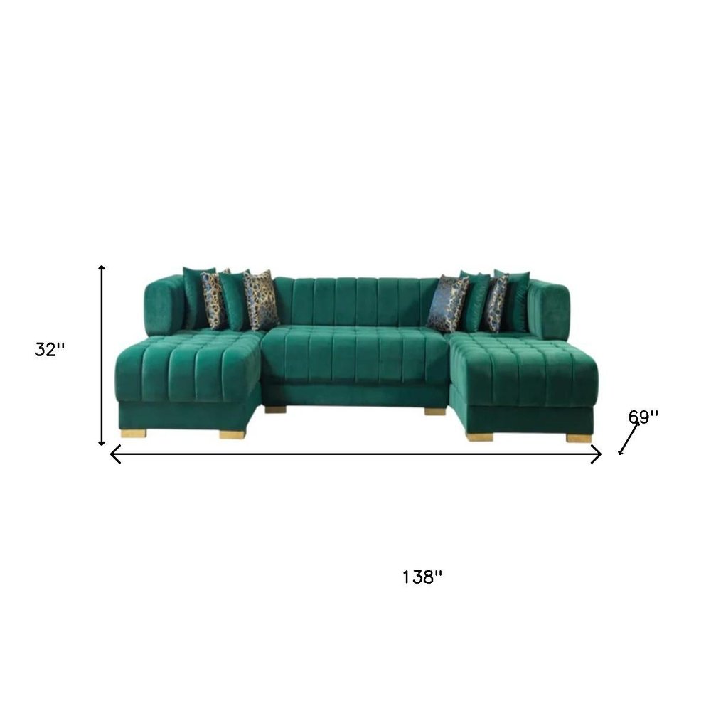 Green Velvet U Shaped Three Piece Sofa and Chaise Sectional With Toss Pillows