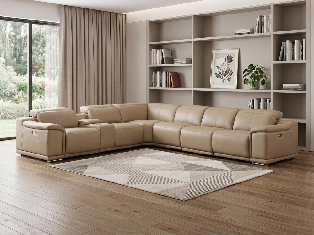 Beige Leather Modular L Shaped Seven Piece Corner Sectional With Console