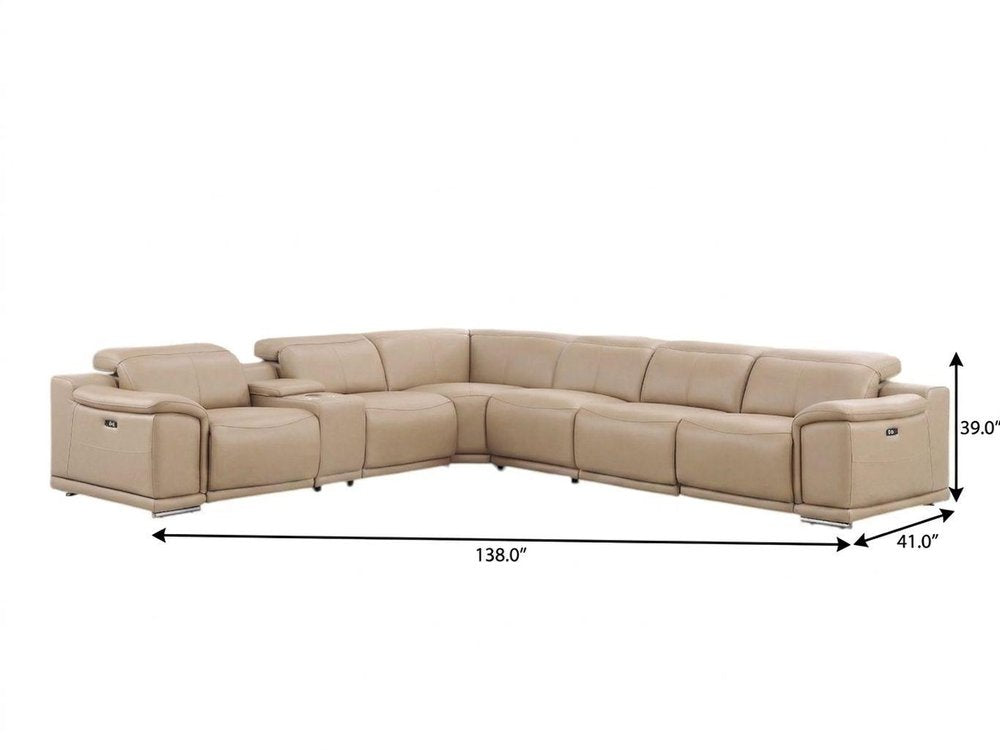 Beige Leather Modular L Shaped Seven Piece Corner Sectional With Console