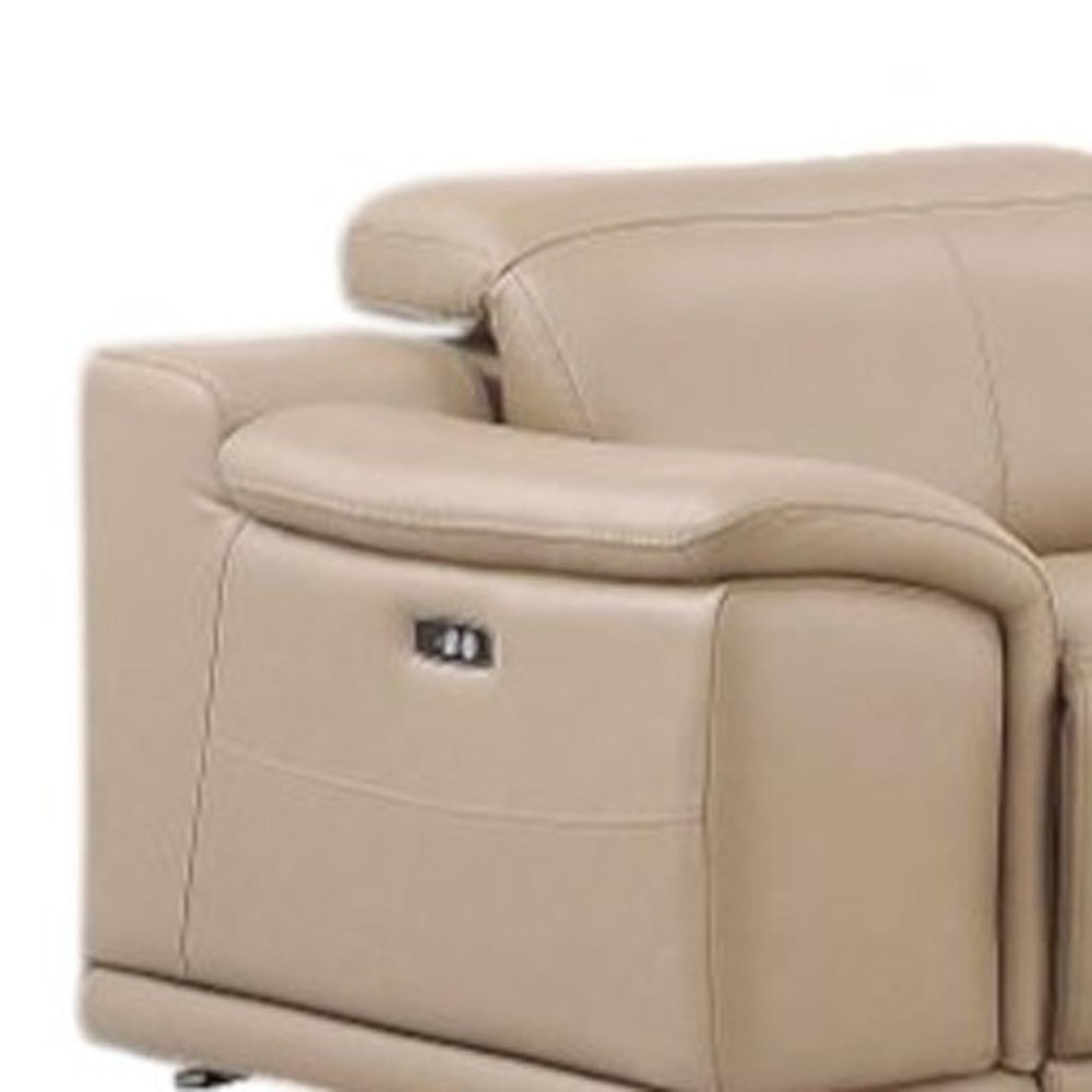 Beige Leather Modular L Shaped Seven Piece Corner Sectional With Console