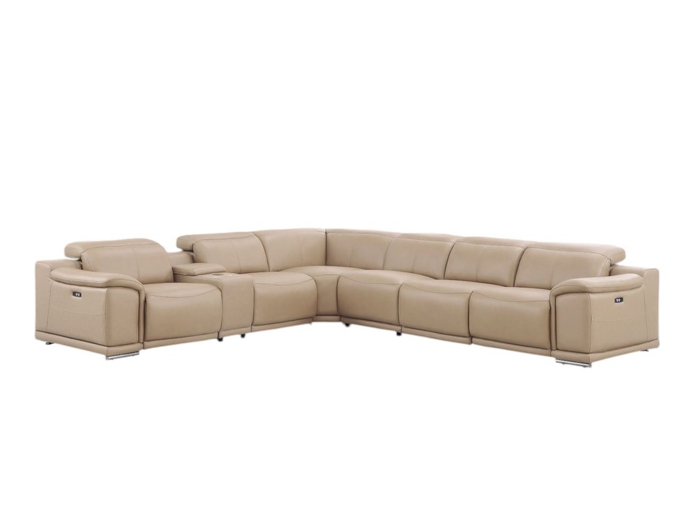 Beige Leather Modular L Shaped Seven Piece Corner Sectional With Console on a white background