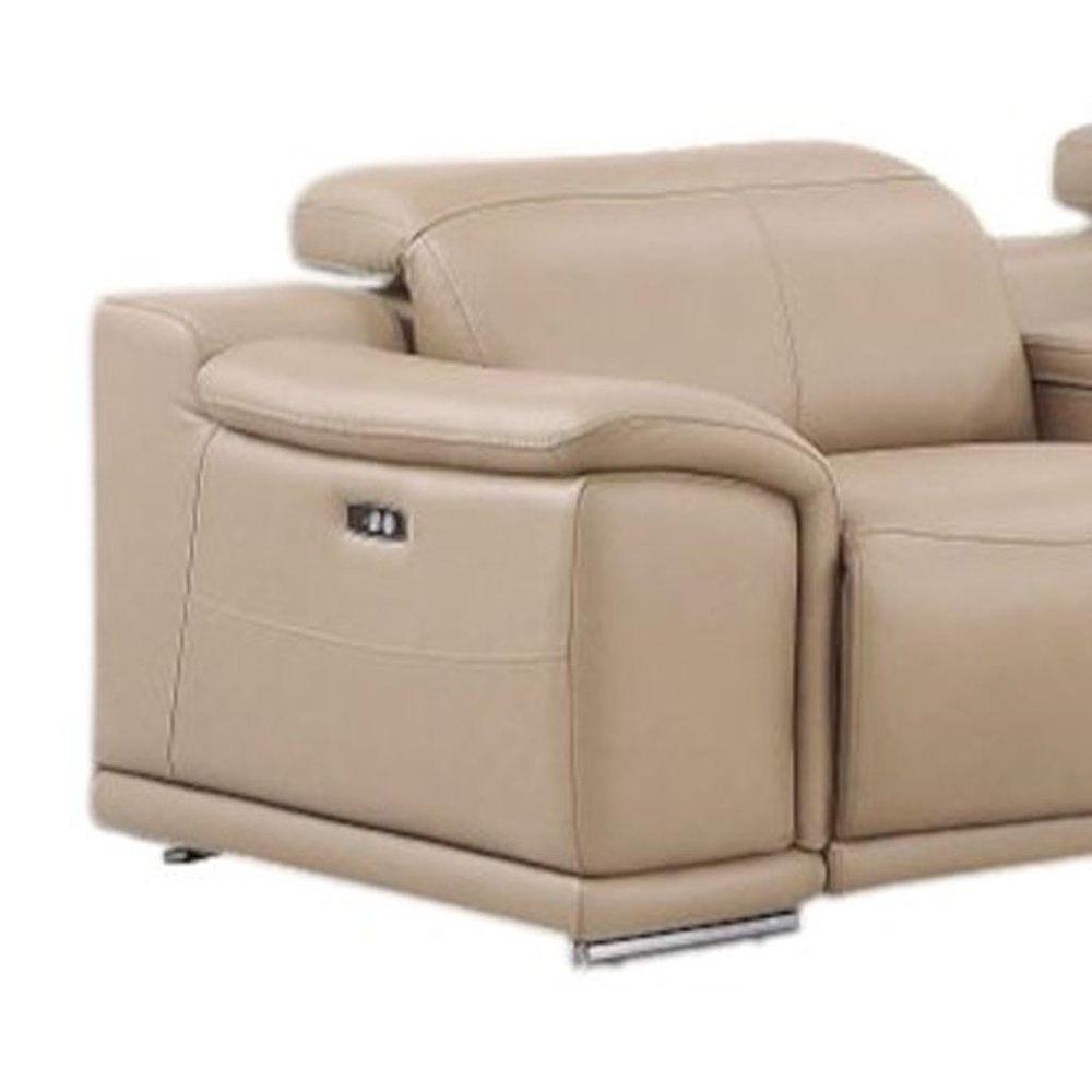Beige Leather Modular L Shaped Seven Piece Corner Sectional With Console