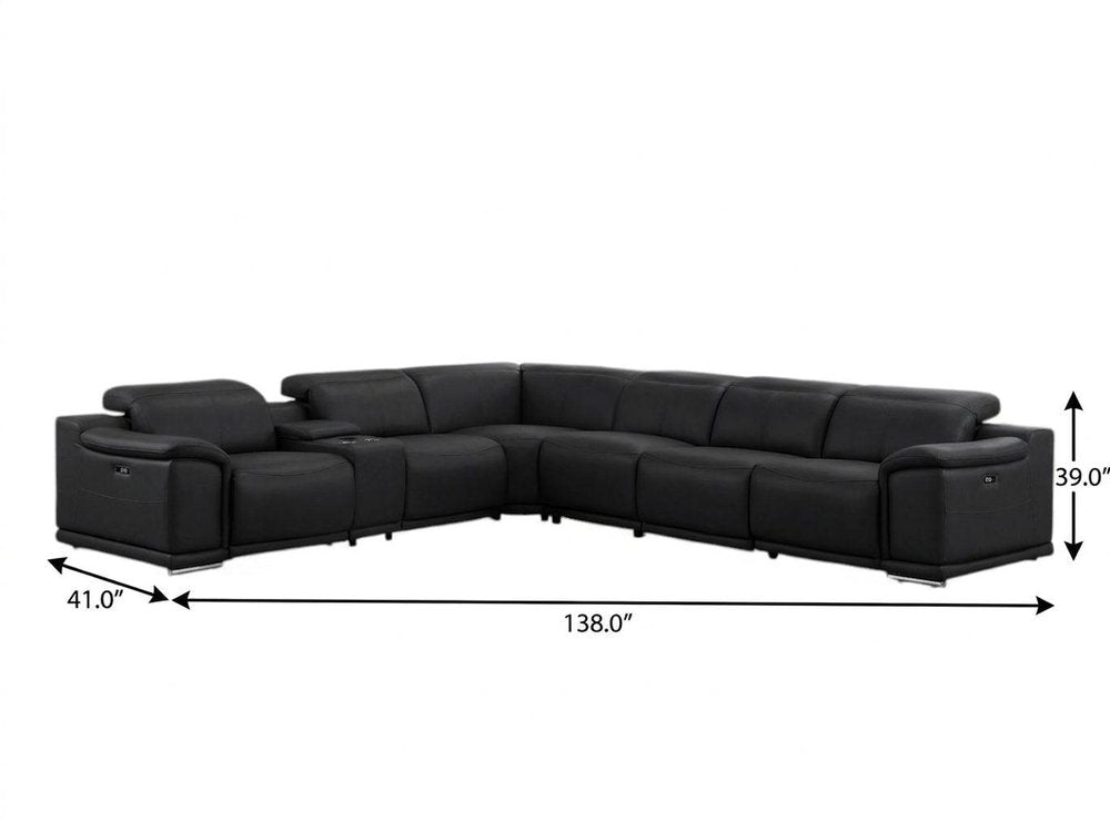 Black Leather Modular L Shaped Seven Piece Corner Sectional With Console