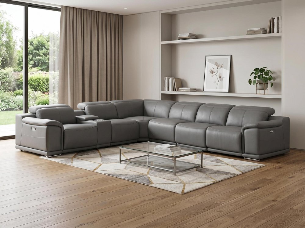 Battleship Gray Leather Modular L Shaped Seven Piece Corner Sectional With Console