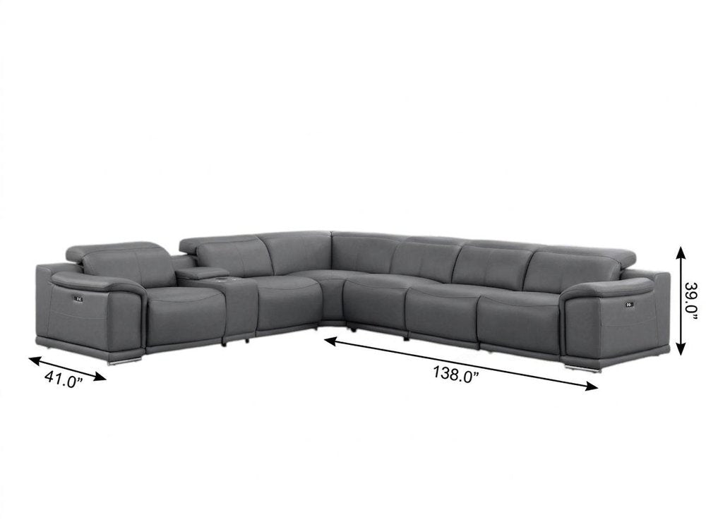 Battleship Gray Leather Modular L Shaped Seven Piece Corner Sectional With Console