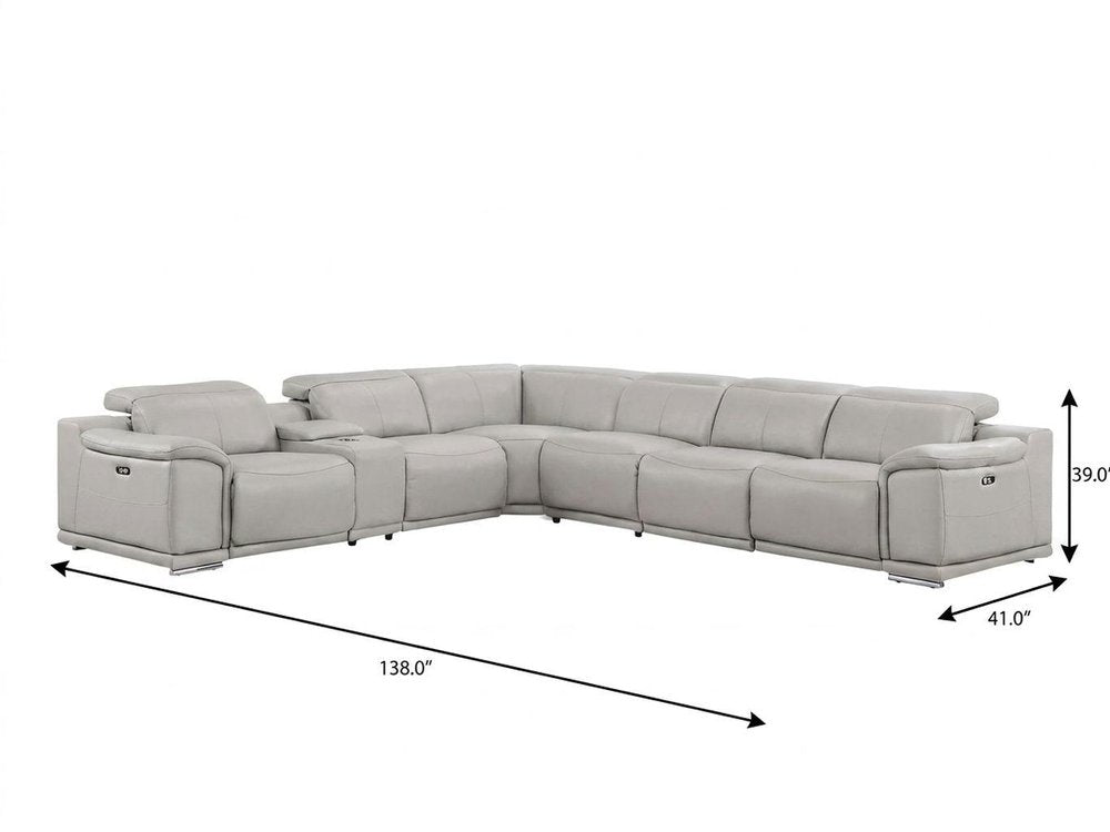 Ash Gray Leather Modular L Shaped Seven Piece Corner Sectional With Console