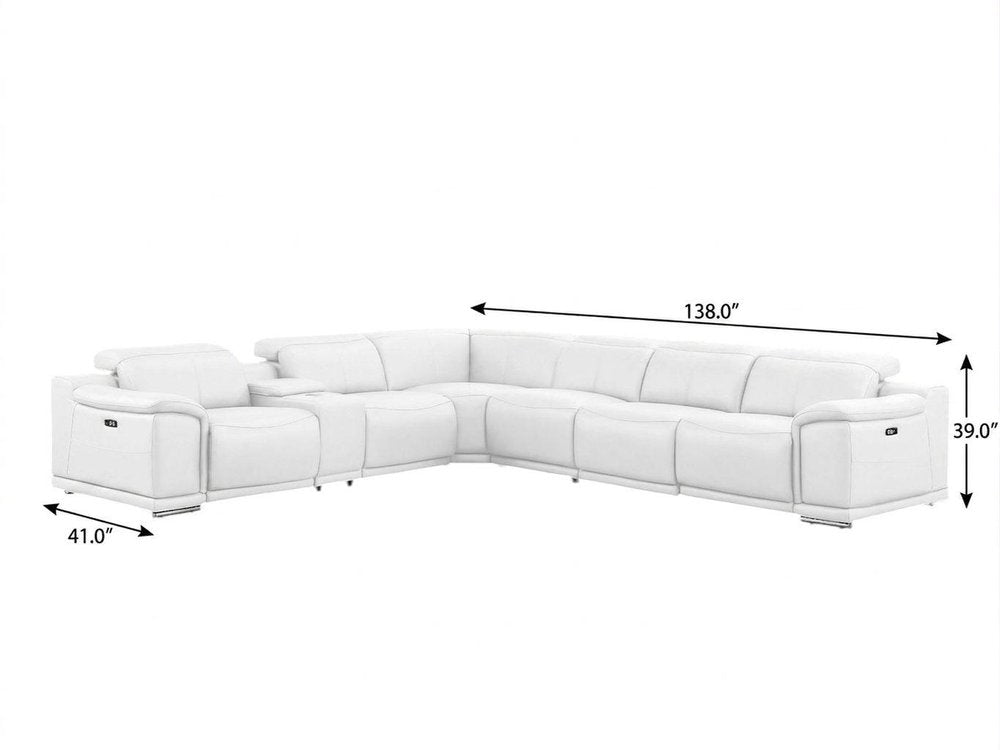 White Leather Modular L Shaped Seven Piece Corner Sectional With Console on a white background