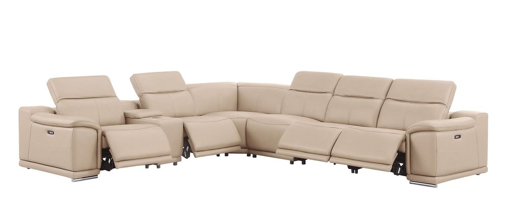 Beige Leather Power Reclining L Shaped Seven Piece Corner Sectional With Console