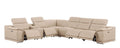 Beige Leather Power Reclining L Shaped Seven Piece Corner Sectional With Console