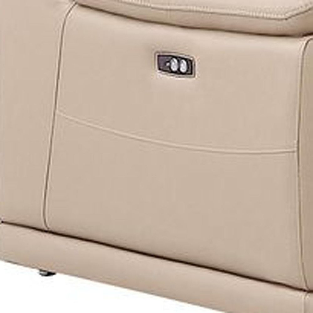 Beige Leather Power Reclining L Shaped Seven Piece Corner Sectional With Console