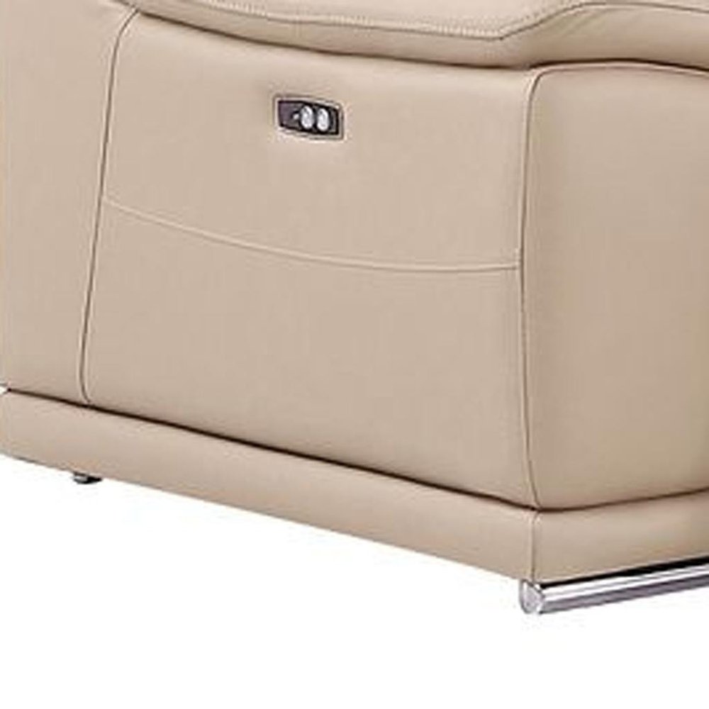 Beige Leather Power Reclining L Shaped Seven Piece Corner Sectional With Console