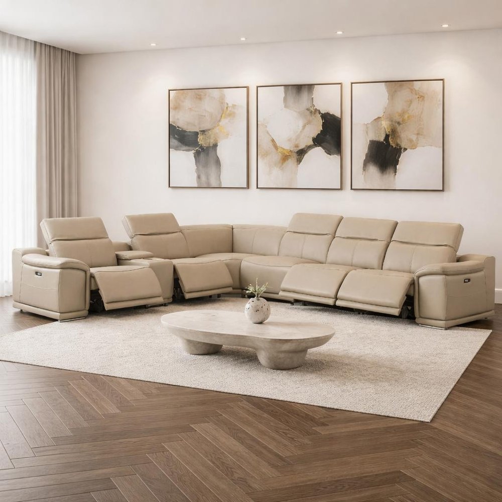 Beige Leather Power Reclining L Shaped Seven Piece Corner Sectional With Console