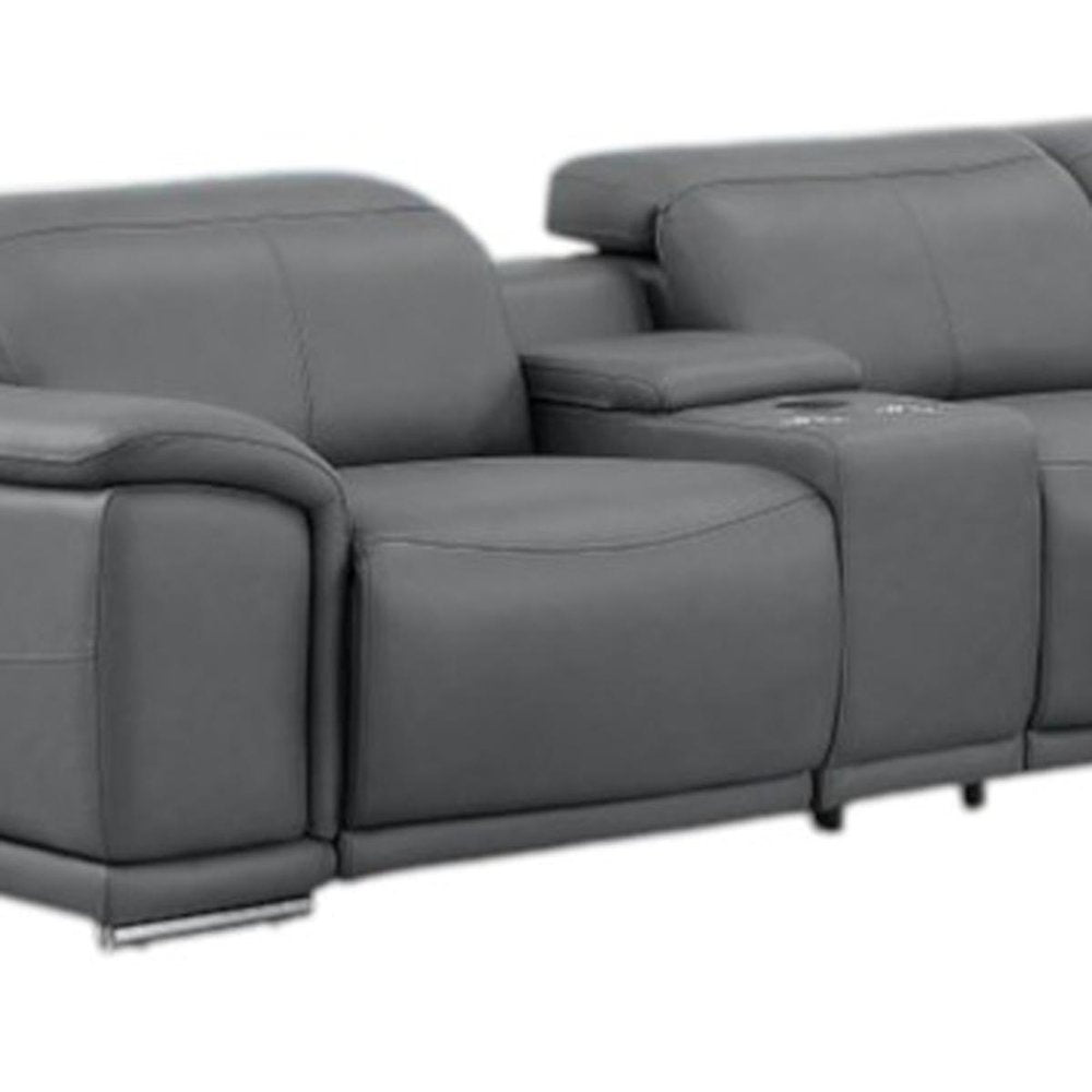 Battleship Gray Leather Modular L Shaped Seven Piece Corner Sectional With Console